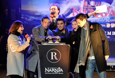 Will Poulter, Joe McEldery, Georgie Henley, and Ben Barnes turn on the Regent Street Lights