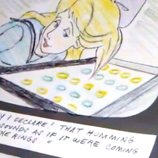 Storyboard art showing Polly leaning over the rings and saying, "Why I declare! That humming noise sounds as if it were coming from the rings."