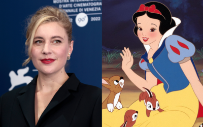 Greta Gerwig beside a screenshot from Disney's original animated Snow White film.