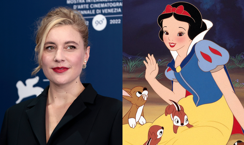 Greta Gerwig beside a screenshot from Disney's original animated Snow White film.