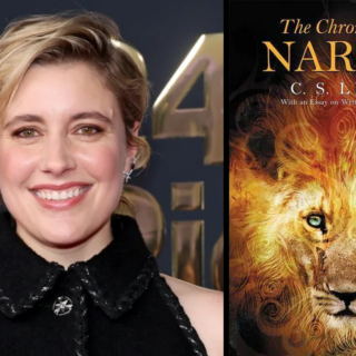 Greta Gerwig with an edition of The Chronicles of Narnia.